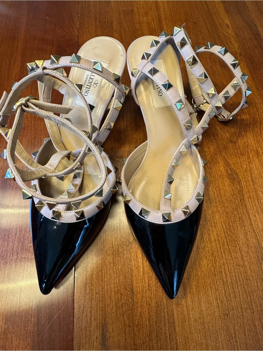 Valentino Rockstud Black Patent Pointed-Toe Ankle-Strap Heels